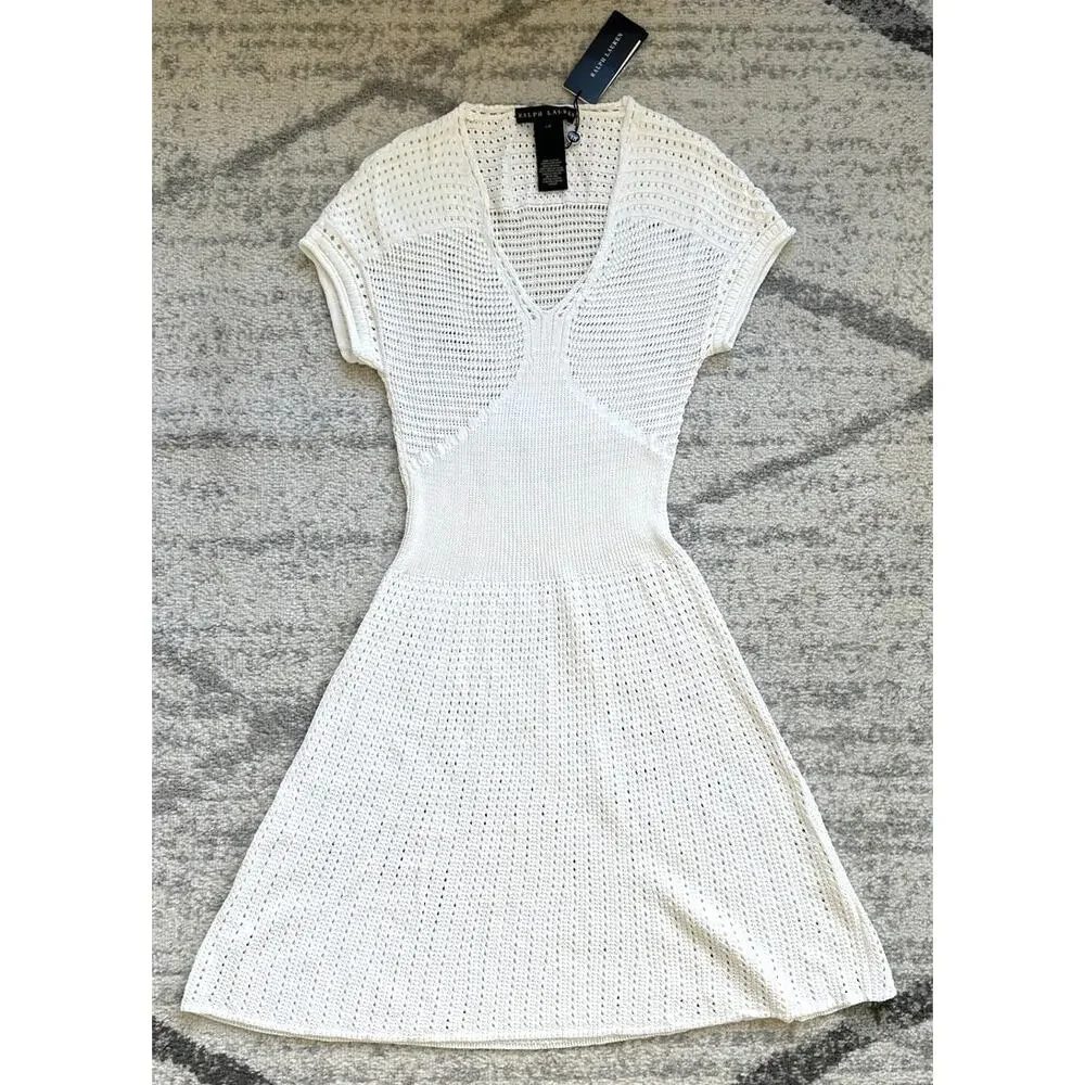 NWT Ralph Lauren Black Label Ivory Pointelle Knit Crochet Dress Size L